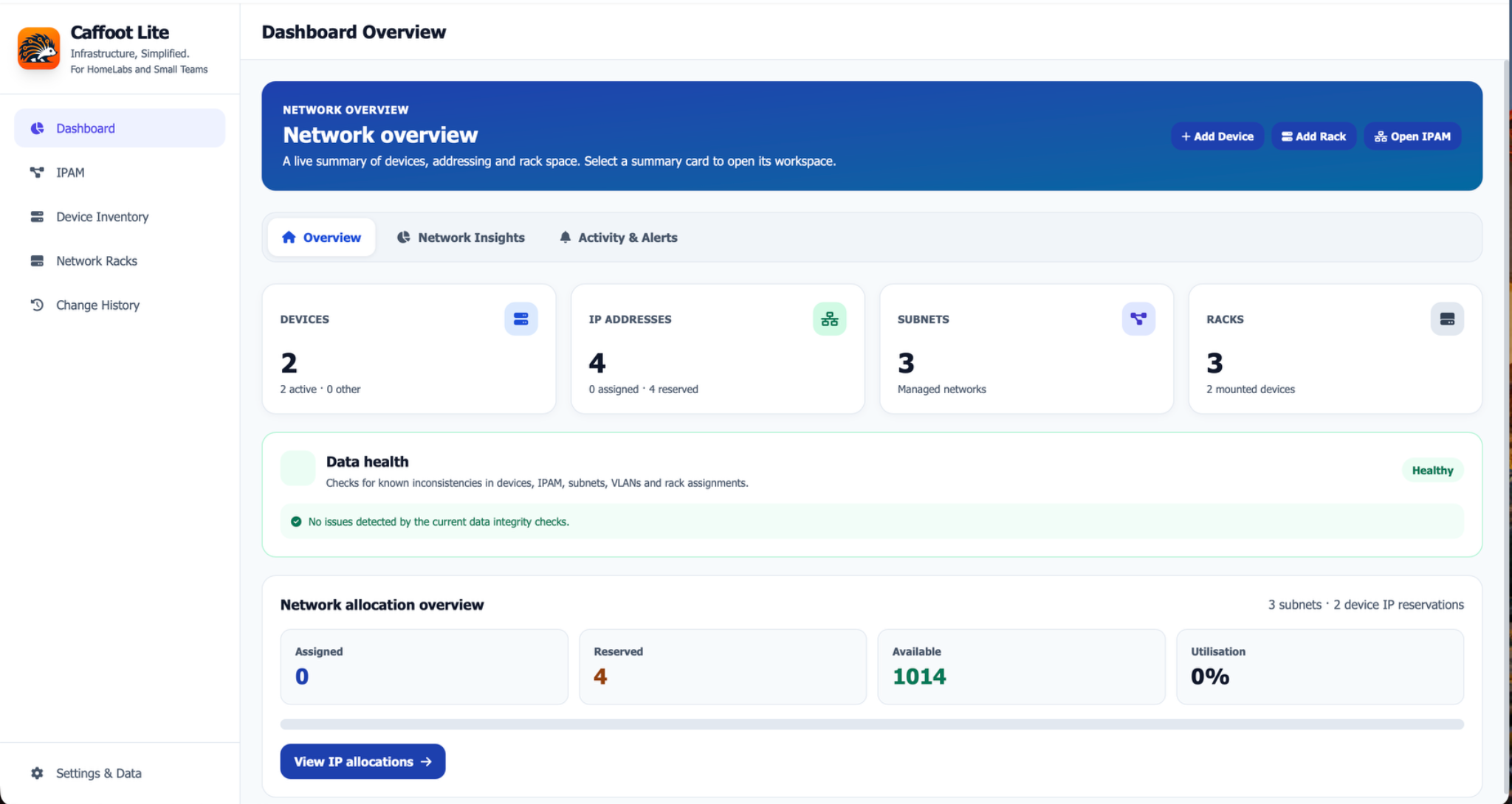 Caffoot Lite dashboard with device, subnet, allocation and rack summaries