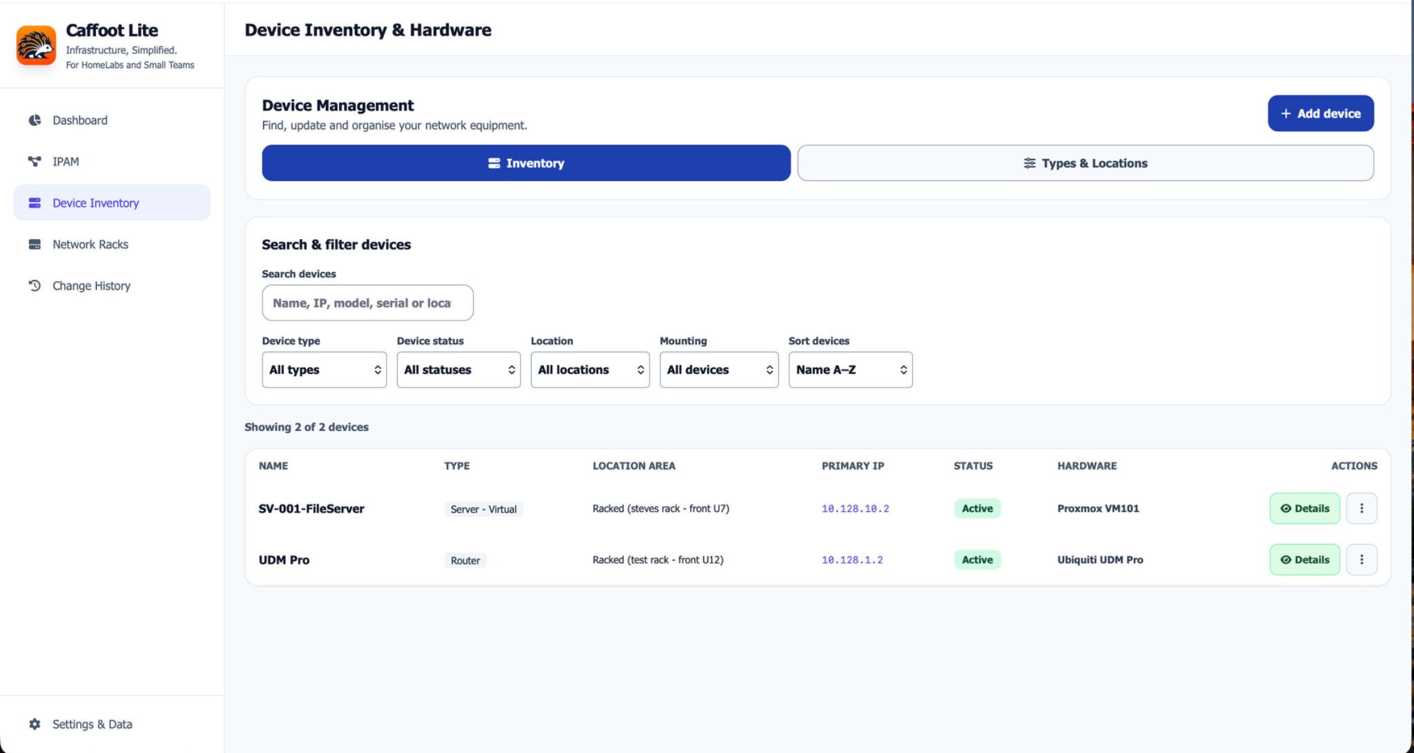Caffoot Lite device inventory with search and device details